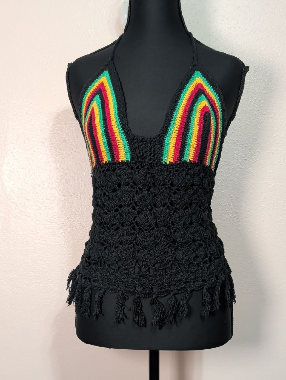 Rasta Crochet Fringe Halter Top - Bohemian Festival Style